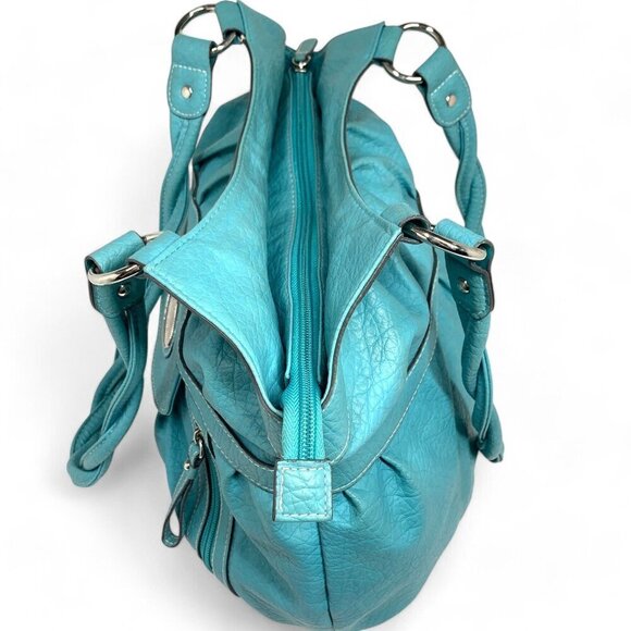 Strada Pleated Shoulder Bag Teal Blue Faux Leather Pink Lining 15"W x 12"H x 5"D - Picture 7 of 11